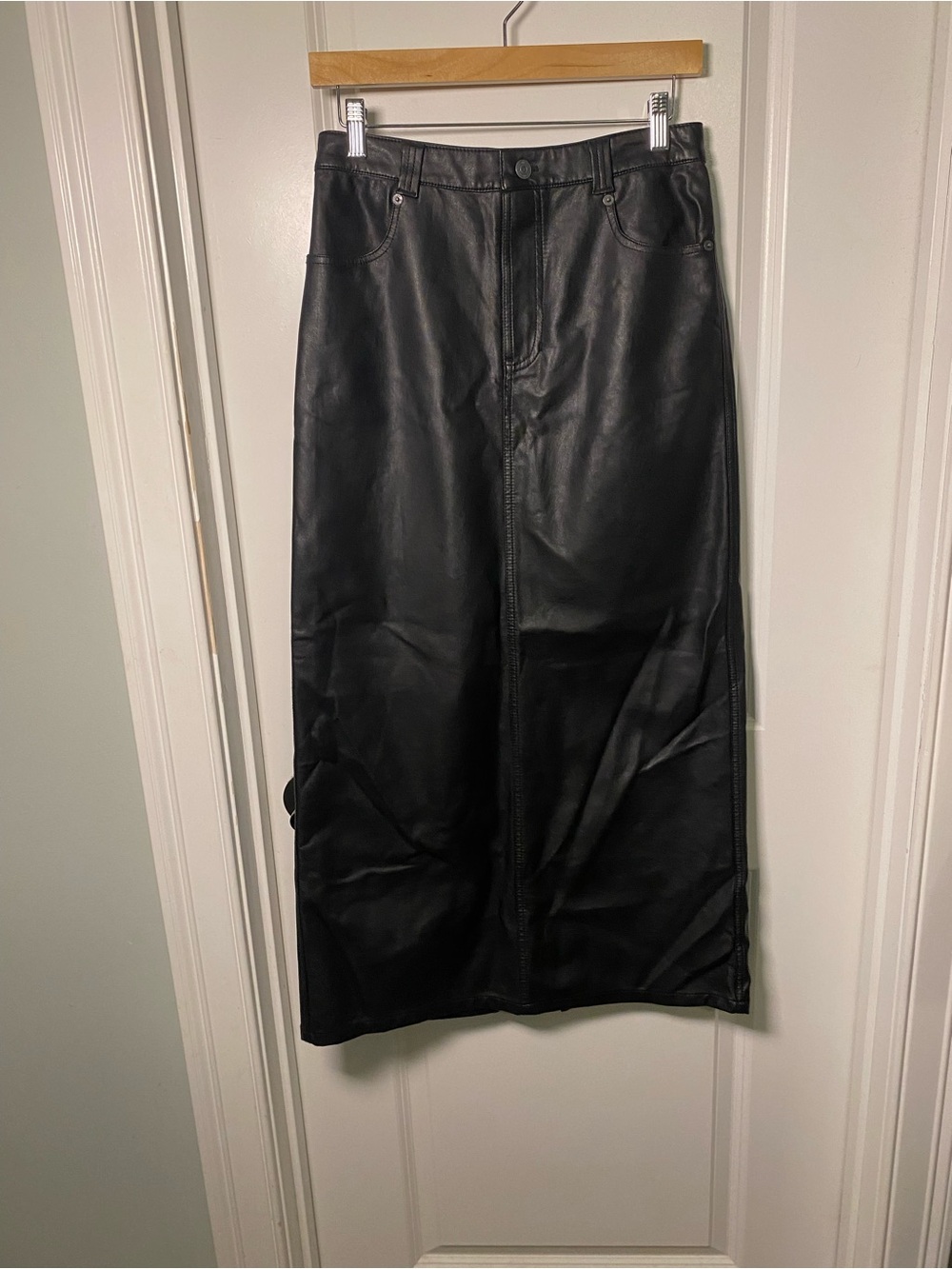Free People Black Faux Leather Long Straight Skirt-Pant